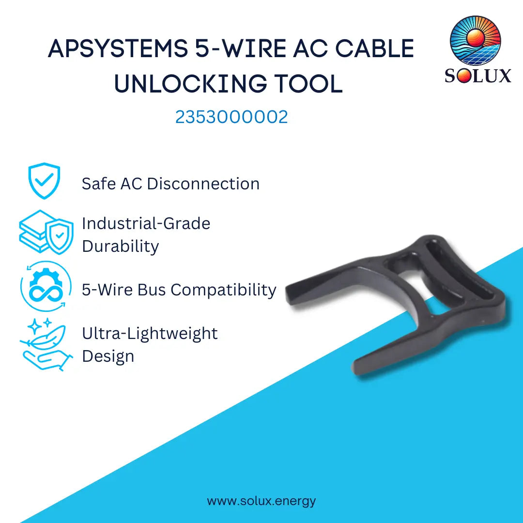 A black 5-wire AC cable unlocking tool by Solux, displayed on a white and blue graphic background with product features listed on the left.